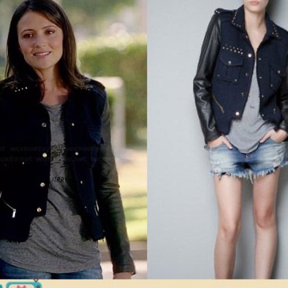 Zara studded boucle jacket with leather sleeves
